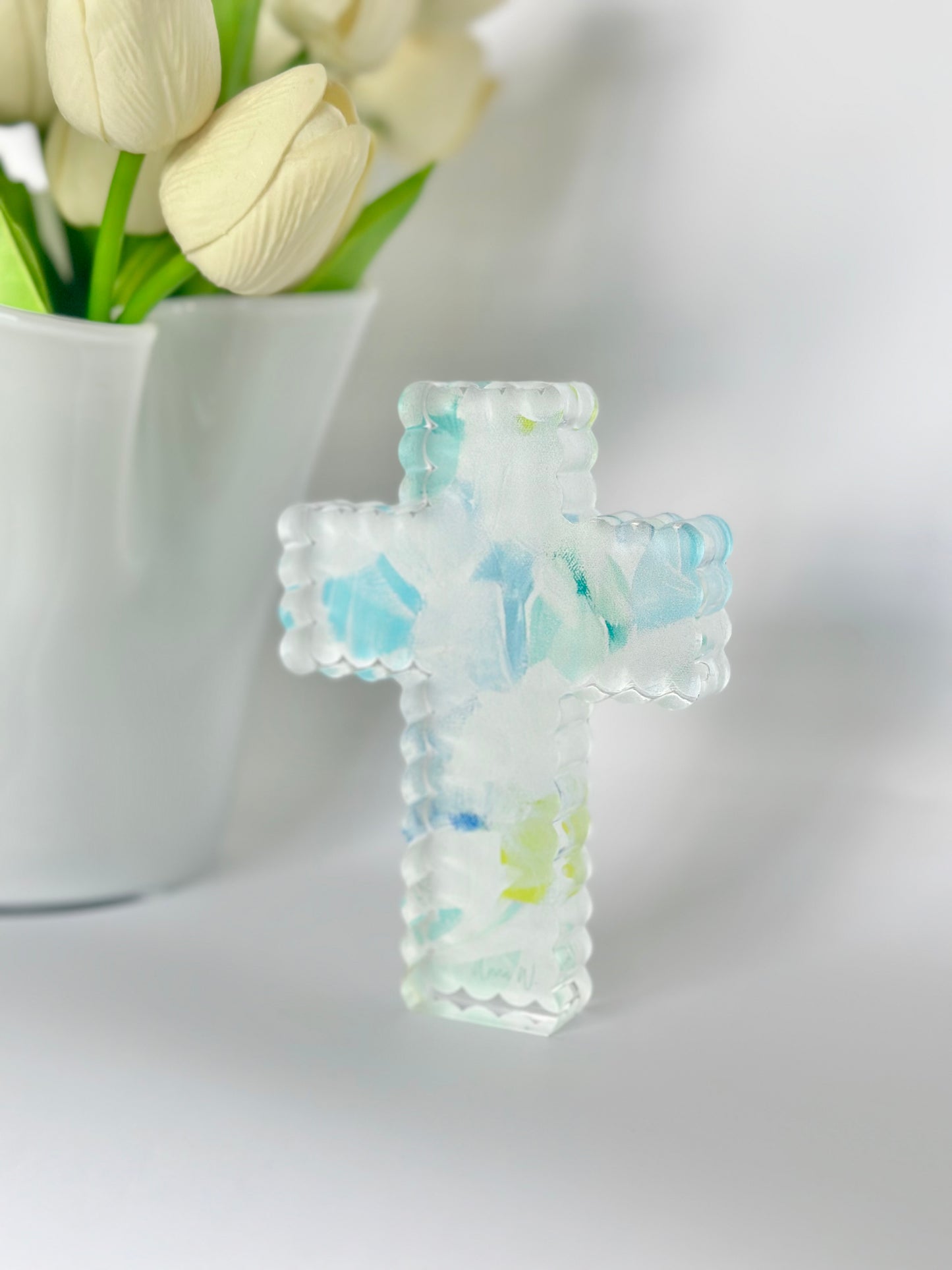 Scalloped Acrylic Cross Blue Abstract