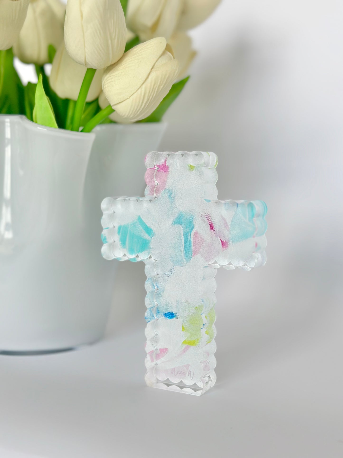 Scalloped Acrylic Cross Pink Abstract