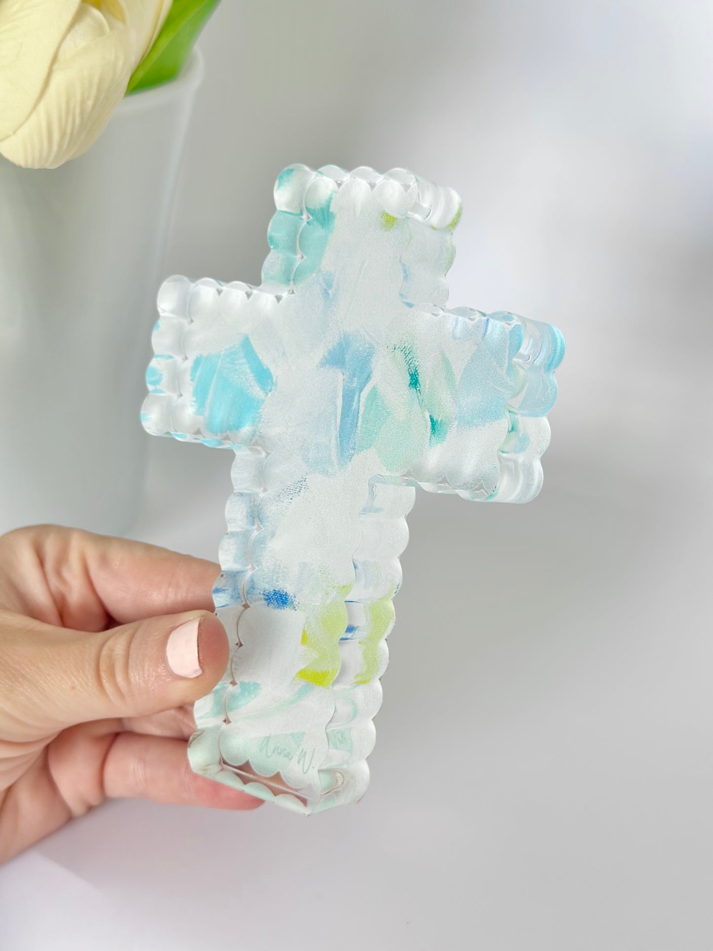 Scalloped Acrylic Cross Blue Abstract