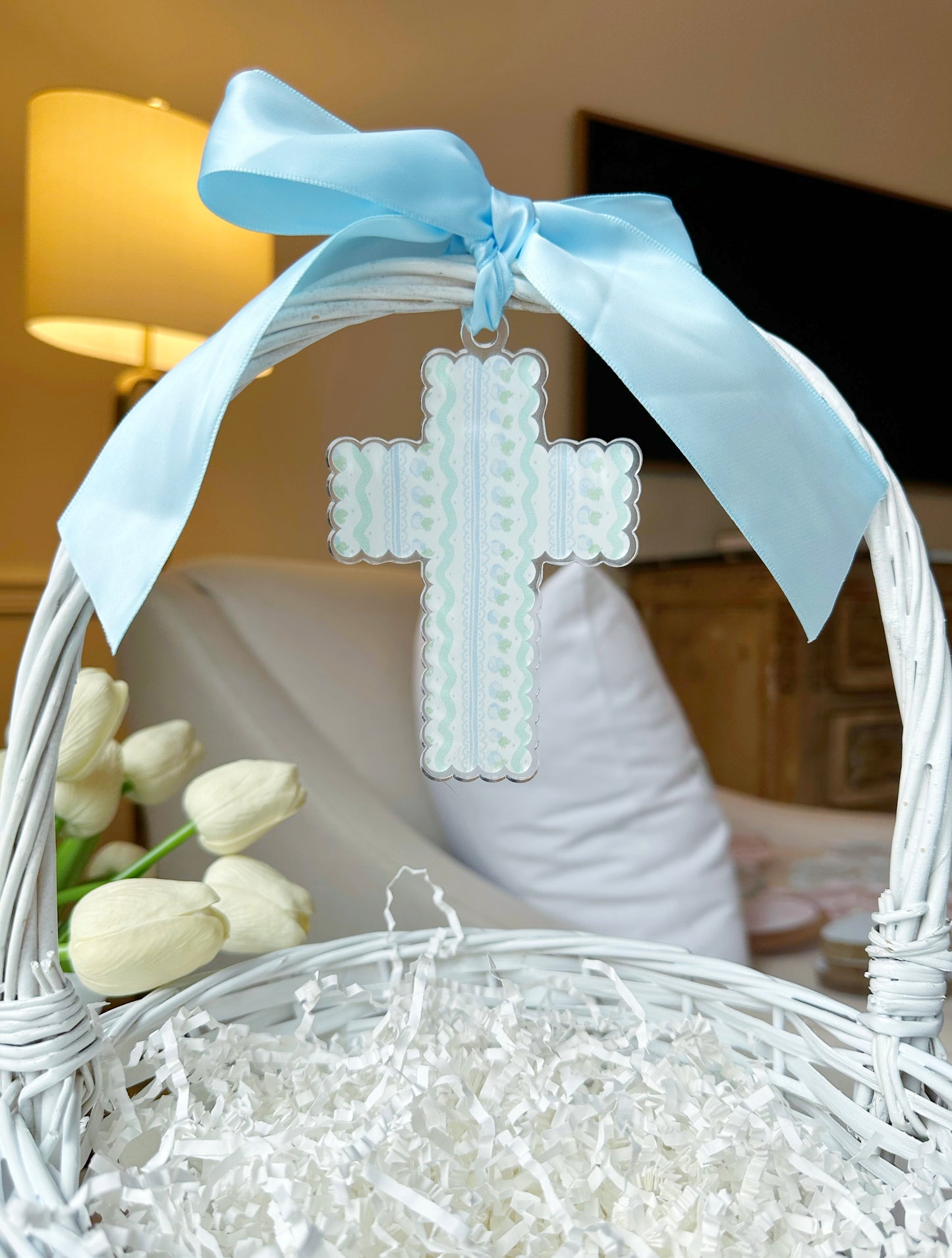 Blue Scalloped Cross Acrylic Easter Basket Charm