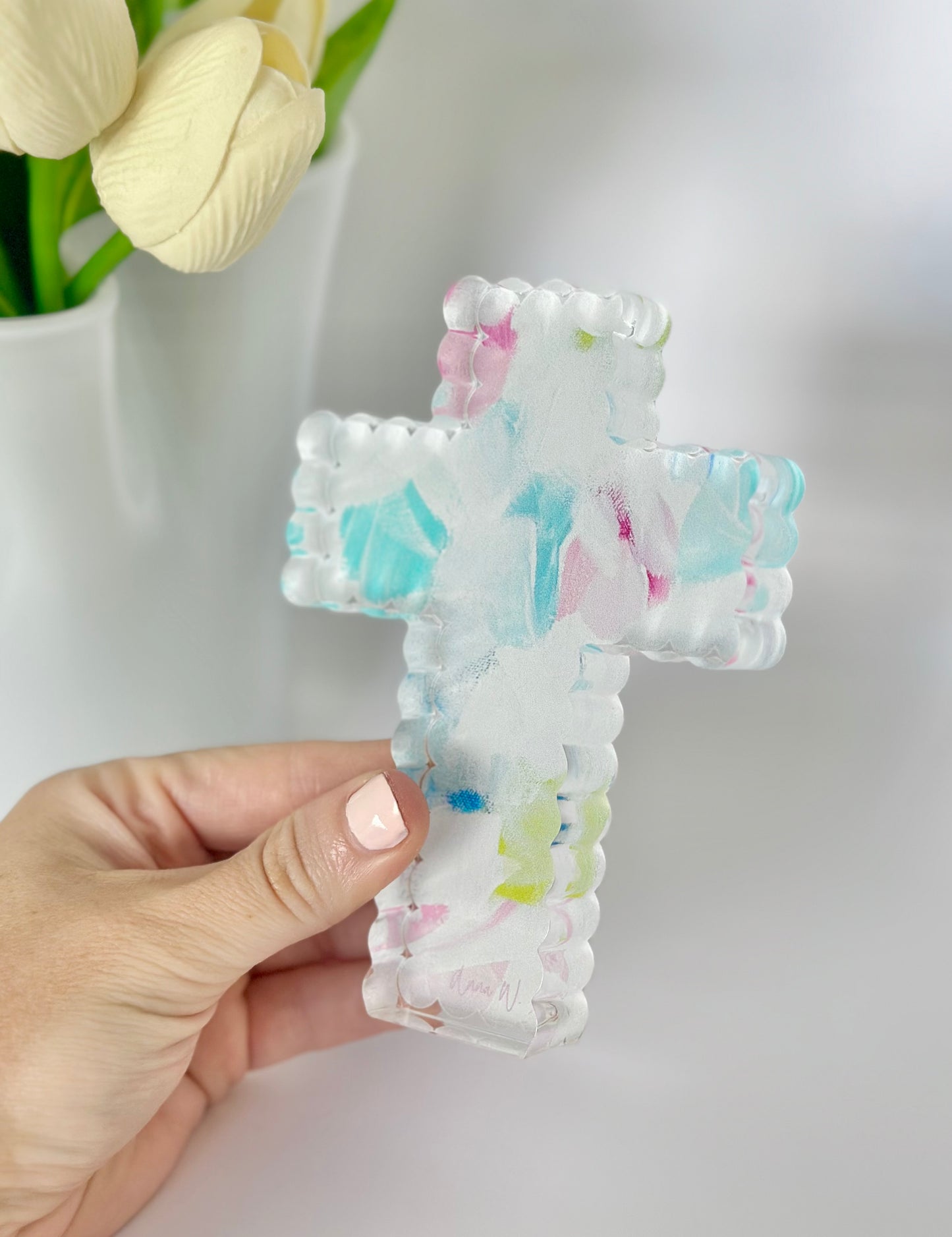 Scalloped Acrylic Cross Pink Abstract