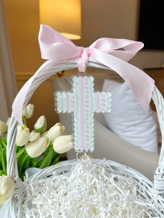 Pink Scalloped Cross Acrylic Easter Basket Charm
