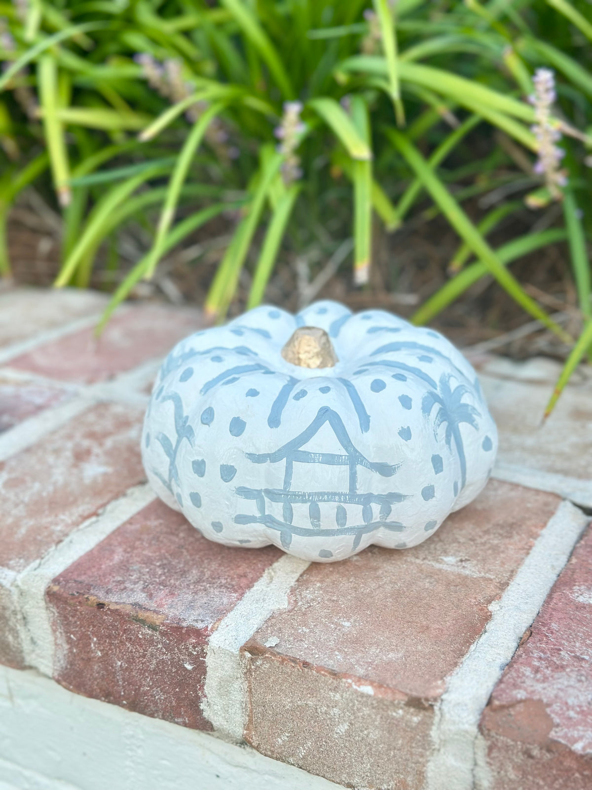 Medium Hand Painted Blue Chinoiserie Pumpkin