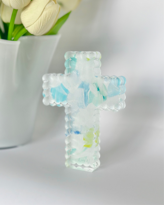 Scalloped Acrylic Cross Blue Abstract