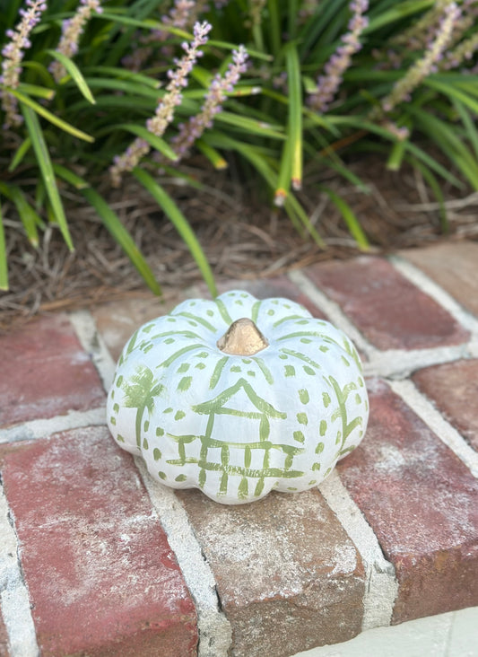 Medium Hand Painted Green Chinoiserie Pumpkin