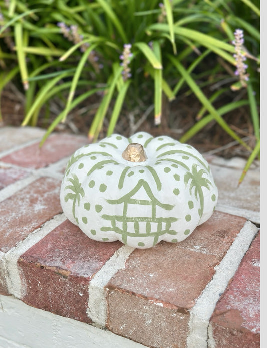 Medium Hand Painted Green Chinoiserie Pumpkin