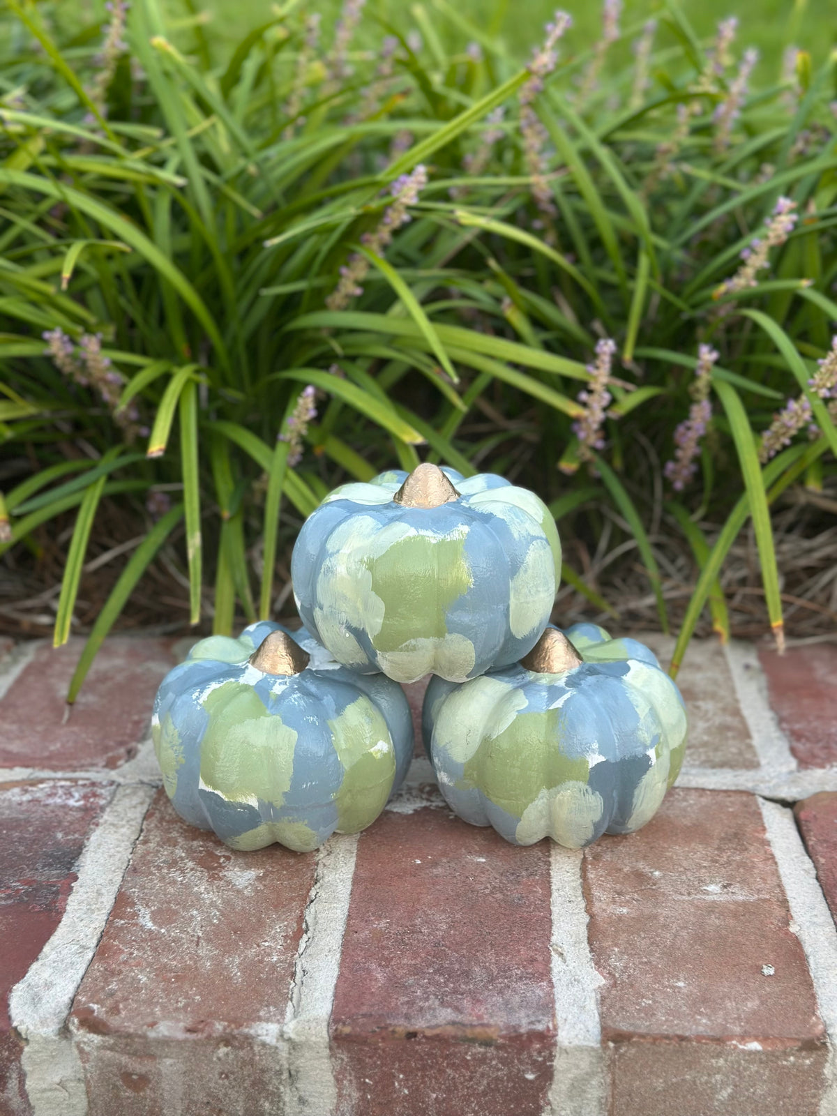 Trio Small Blue Green Hand Painted Pumpkins