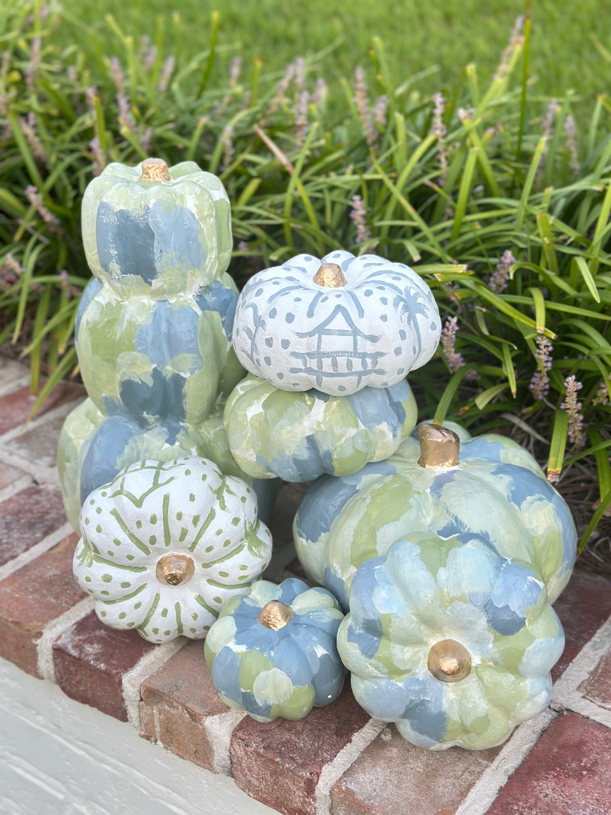 Medium Hand Painted Blue Chinoiserie Pumpkin
